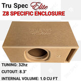 Overhead angle of a TRU SPEC Elite Z8 enclosure showing its engraved top, round front cutout and slot port