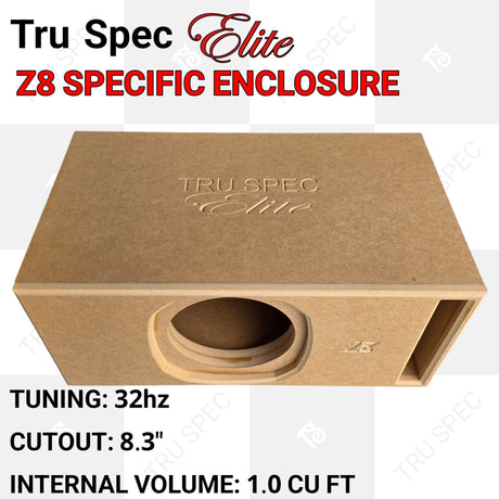 Overhead angle of a TRU SPEC Elite Z8 enclosure showing its engraved top, round front cutout and slot port