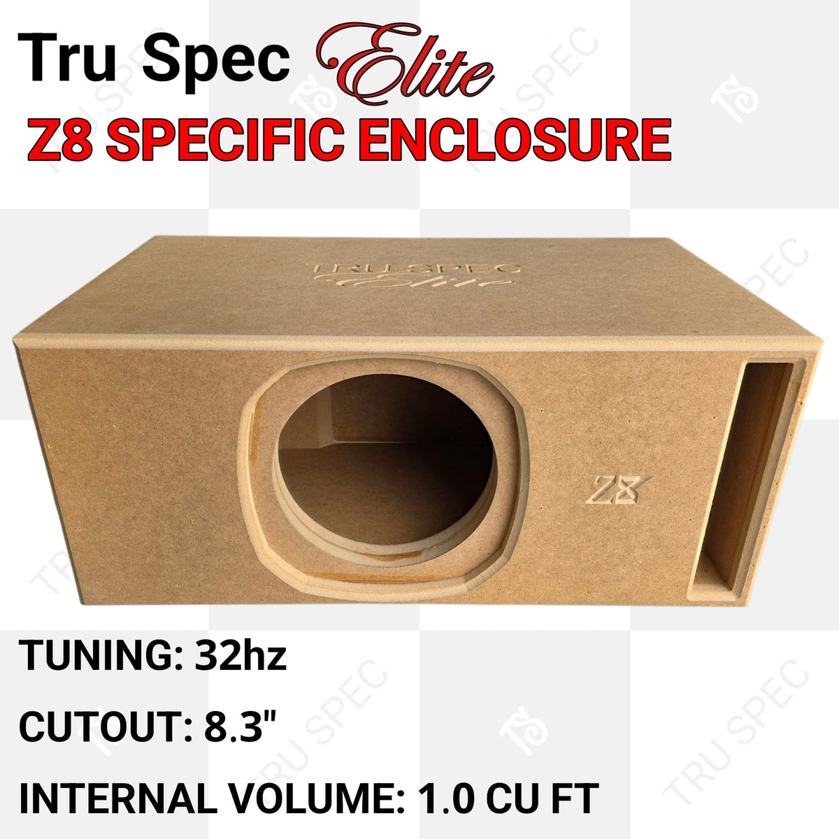 Front view of a TRU SPEC Elite Z8 enclosure with a round cutout, slot port and printed specifications