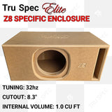 Front view of a TRU SPEC Elite Z8 enclosure with a round cutout, slot port and printed specifications