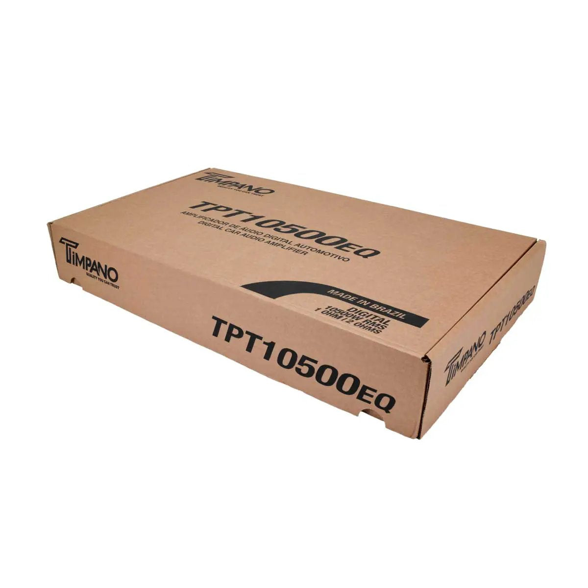 Brown Timpano TPT-10500EQ amplifier box with a printed product outline and model label
