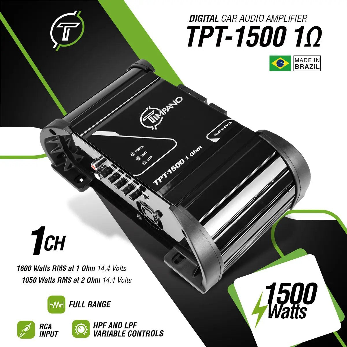 TPT-1500 1-ohm amplifier graphic listing 1600W RMS at 1 ohm and 1050W at 2 ohms, both at 14.4V