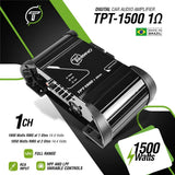 TPT-1500 1-ohm amplifier graphic listing 1600W RMS at 1 ohm and 1050W at 2 ohms, both at 14.4V