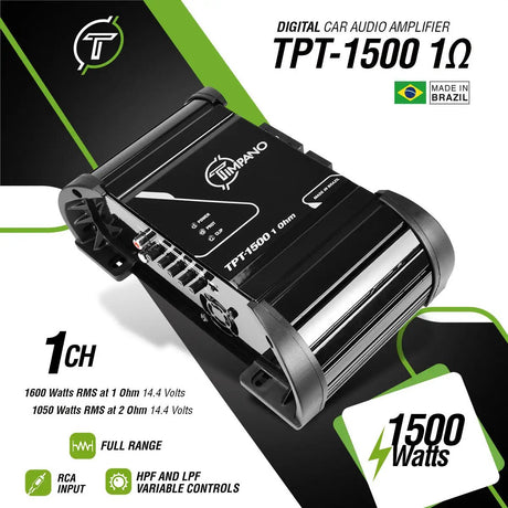 TPT-1500 1-ohm amplifier graphic listing 1600W RMS at 1 ohm and 1050W at 2 ohms, both at 14.4V