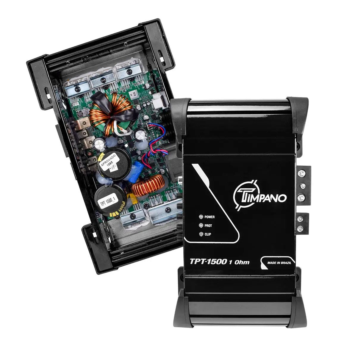 Open Timpano amplifier showing its internal circuit board beside the removed black cover