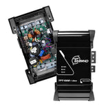 Open Timpano amplifier showing its internal circuit board beside the removed black cover