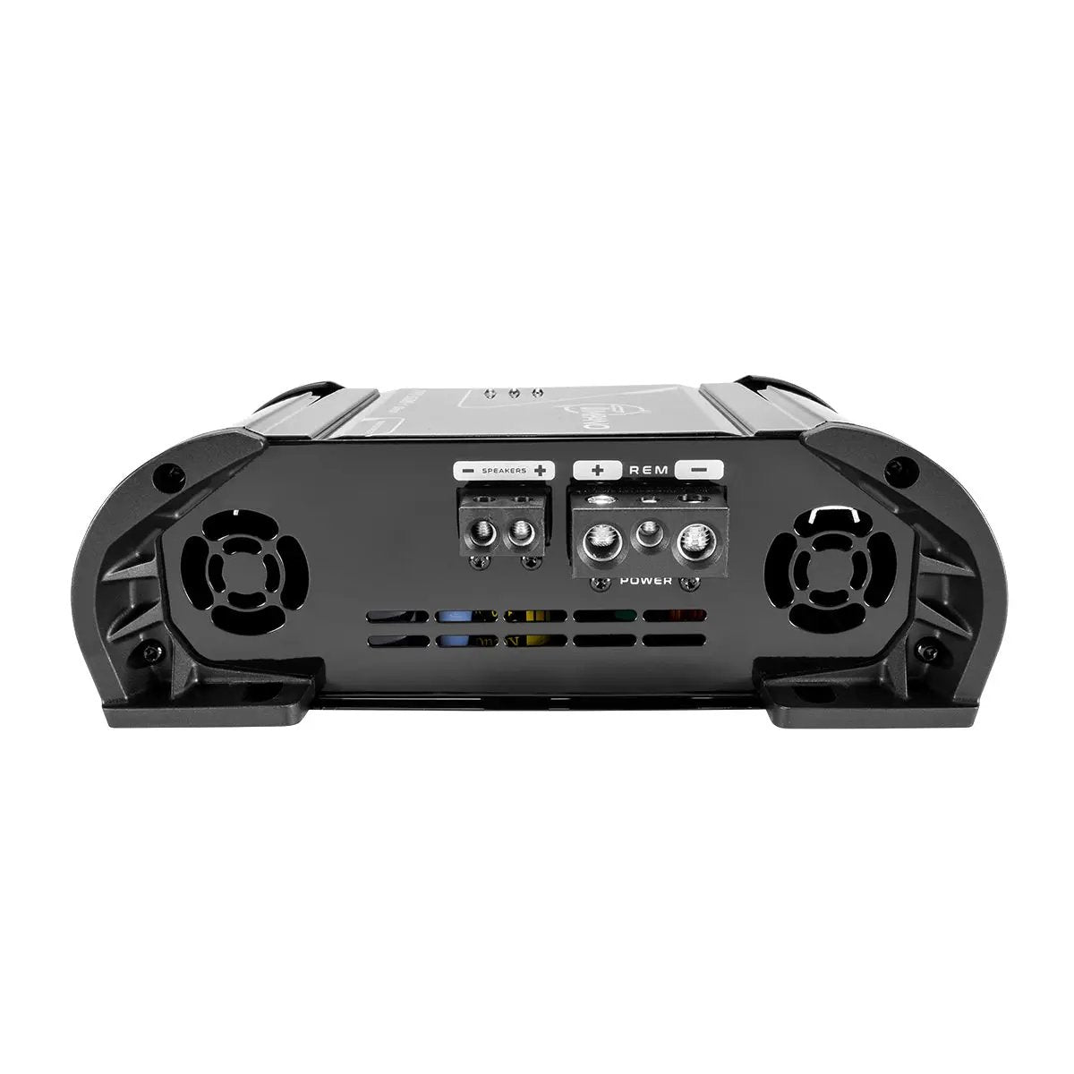 Amplifier end panel with speaker and power terminals, ventilation slots and two cooling fans