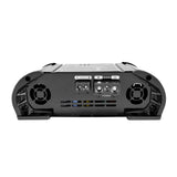 Amplifier end panel with speaker and power terminals, ventilation slots and two cooling fans