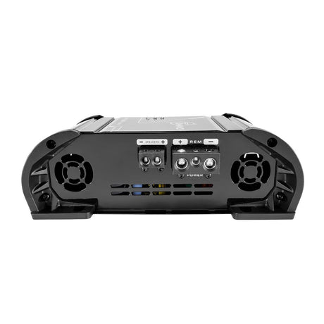 Amplifier end panel with speaker and power terminals, ventilation slots and two cooling fans