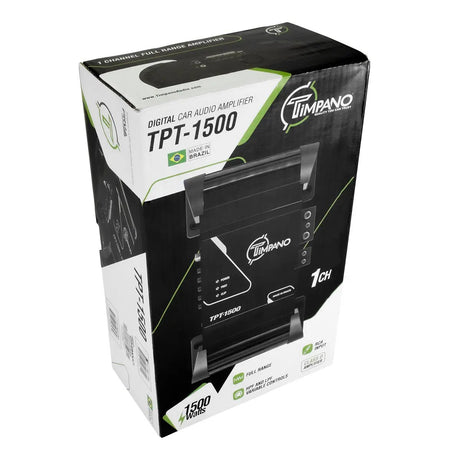 Timpano TPT-1500 retail box labeled as a one-channel full-range amplifier, with an amplifier photo and 1500-watt badge