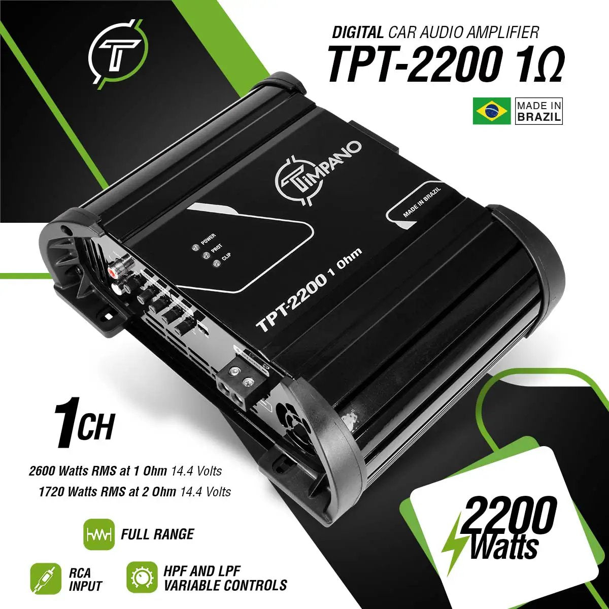 TPT-2200 1-ohm amplifier graphic listing 2600W RMS at 1 ohm and 1720W at 2 ohms, both at 14.4V