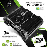 TPT-2200 1-ohm amplifier graphic listing 2600W RMS at 1 ohm and 1720W at 2 ohms, both at 14.4V