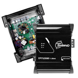 Timpano TPT-2200 1-ohm amplifier shown closed and opened to reveal its green circuit board