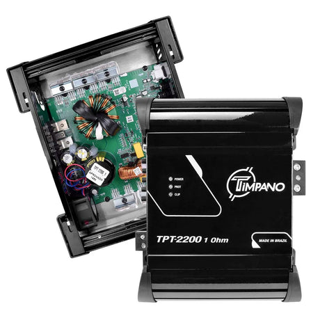 Timpano TPT-2200 1-ohm amplifier shown closed and opened to reveal its green circuit board