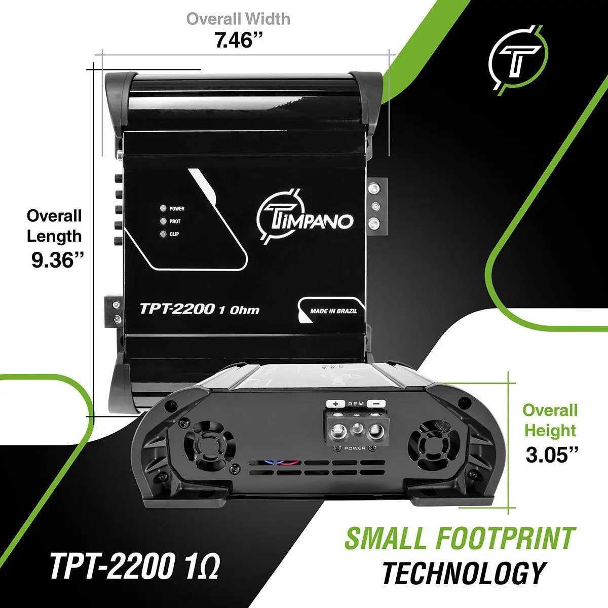 TPT-2200 dimension graphic showing 7.46-inch width, 9.36-inch length and 3.05-inch height