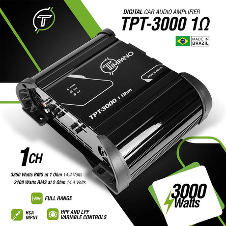 Timpano mono amplifier feature graphic showing full-range output and adjustable high- and low-pass filters
