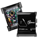 Timpano TPT-3000 1-ohm amplifier shown closed and opened to reveal its green circuit board