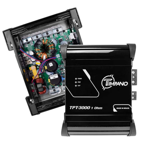 Timpano TPT-3000 1-ohm amplifier shown closed and opened to reveal its green circuit board