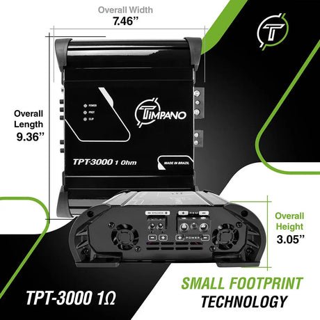 Timpano TPT-3000 amplifier dimensions: 7.46 by 9.36 inches, with a 3.05-inch height