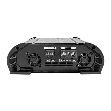 Amplifier end panel showing power and speaker terminals with two cooling fans