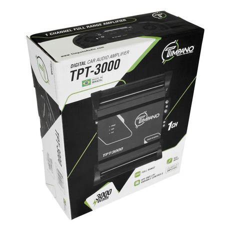 Timpano TPT-3000 retail box labeled as a one-channel full-range amplifier, with an amplifier photo and 3000-watt badge