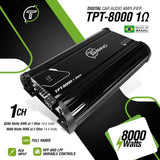 Timpano TPT-8000 1-ohm amplifier graphic listing 8200 watts RMS at 1 ohm and 4600 watts RMS at 2 ohms at 14.4V