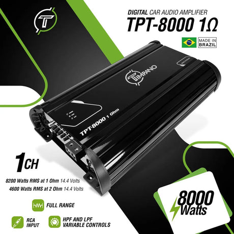 Timpano TPT-8000 1-ohm amplifier graphic listing 8200 watts RMS at 1 ohm and 4600 watts RMS at 2 ohms at 14.4V