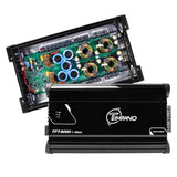 Timpano TPT-8000 1-ohm amplifier with a second view exposing its internal circuit board