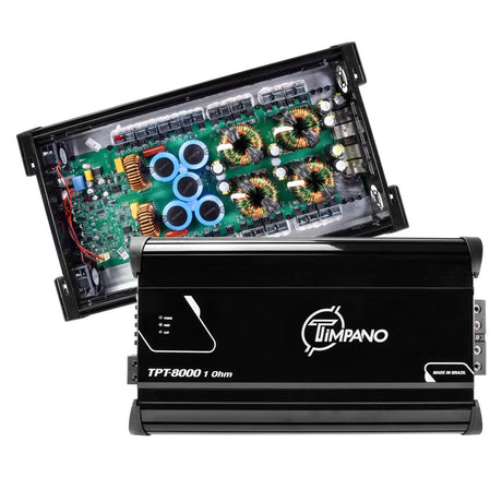 Timpano TPT-8000 1-ohm amplifier with a second view exposing its internal circuit board