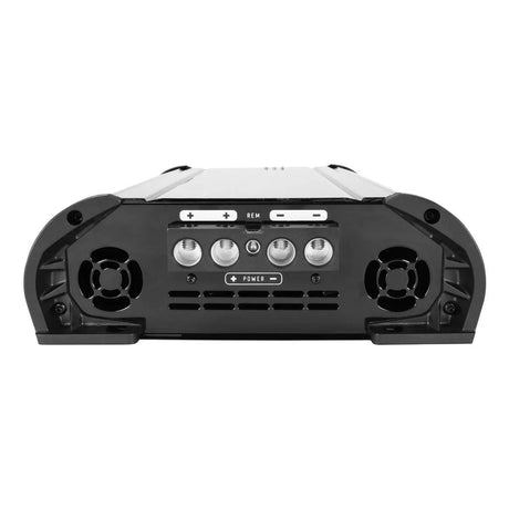 Amplifier power-terminal end panel with remote connection and two cooling fans