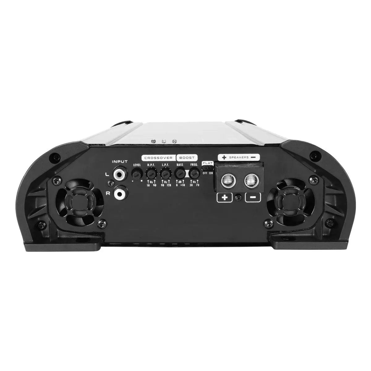Amplifier end panel showing power and speaker terminals with two cooling fans