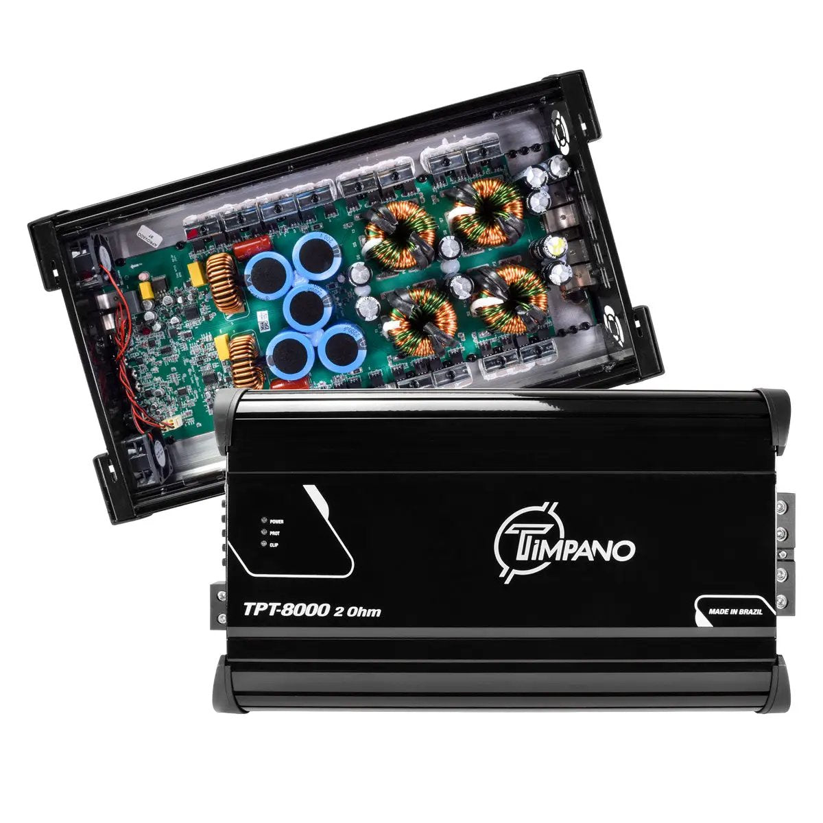 Timpano TPT-8000 2-ohm amplifier with a second view exposing its circuit board