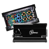 Timpano TPT-8000 2-ohm amplifier with a second view exposing its circuit board