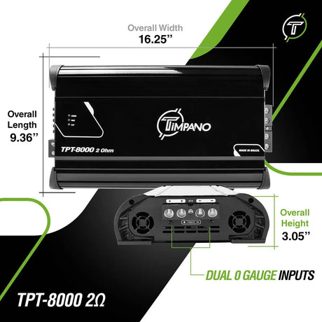 Timpano TPT-8000 2-ohm amplifier dimensions: 16.25 by 9.36 inches, with a 3.05-inch height and dual 0-gauge power inputs