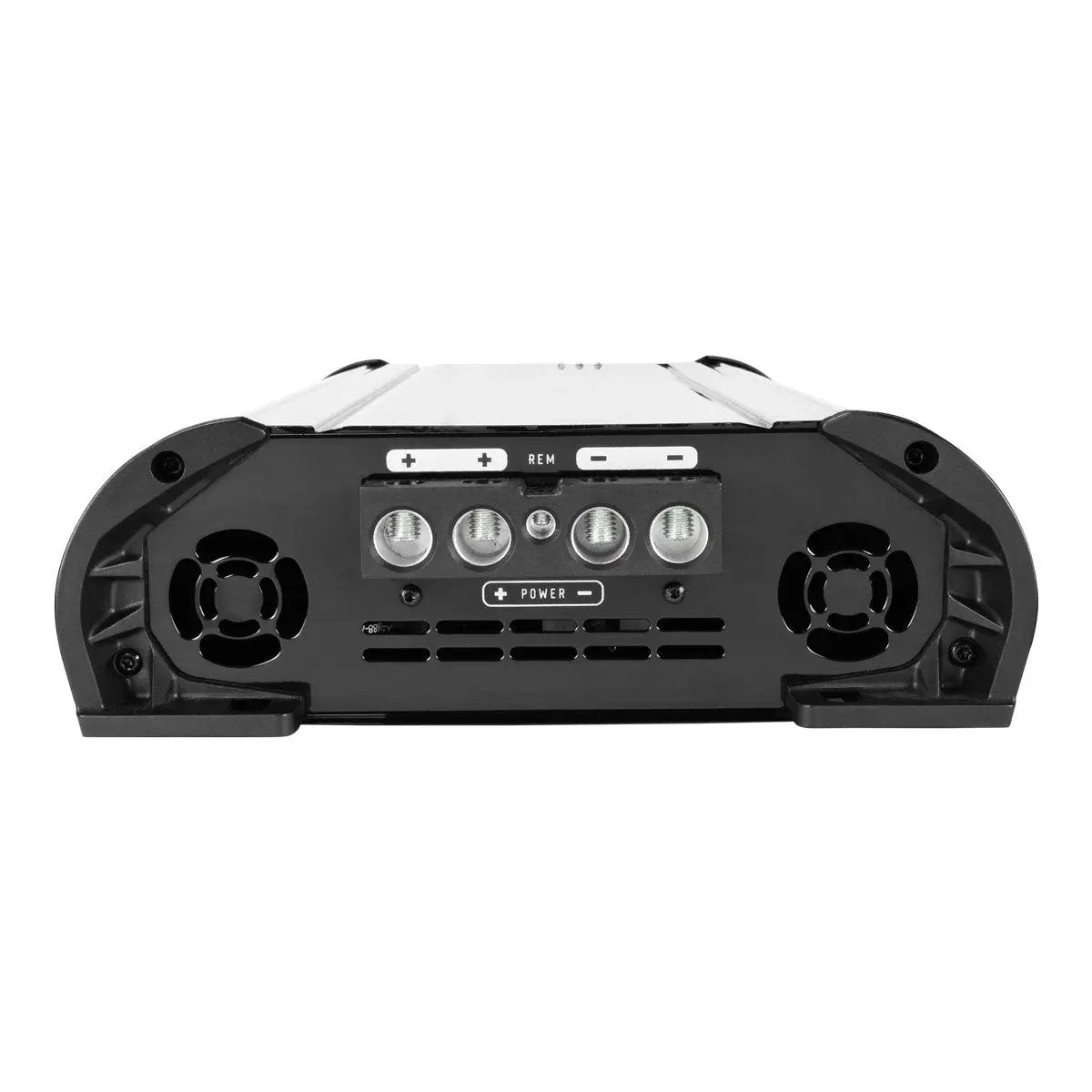 Timpano TPT-8000 power panel with paired positive and ground terminals, a remote turn-on terminal and two cooling fans