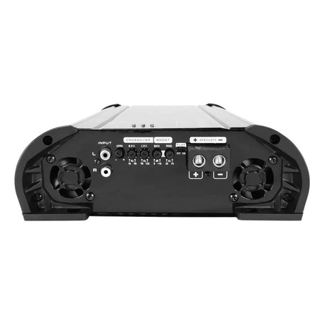 Timpano TPT-8000 control panel with RCA inputs, level, high-pass and low-pass filters, bass boost controls and speaker terminals