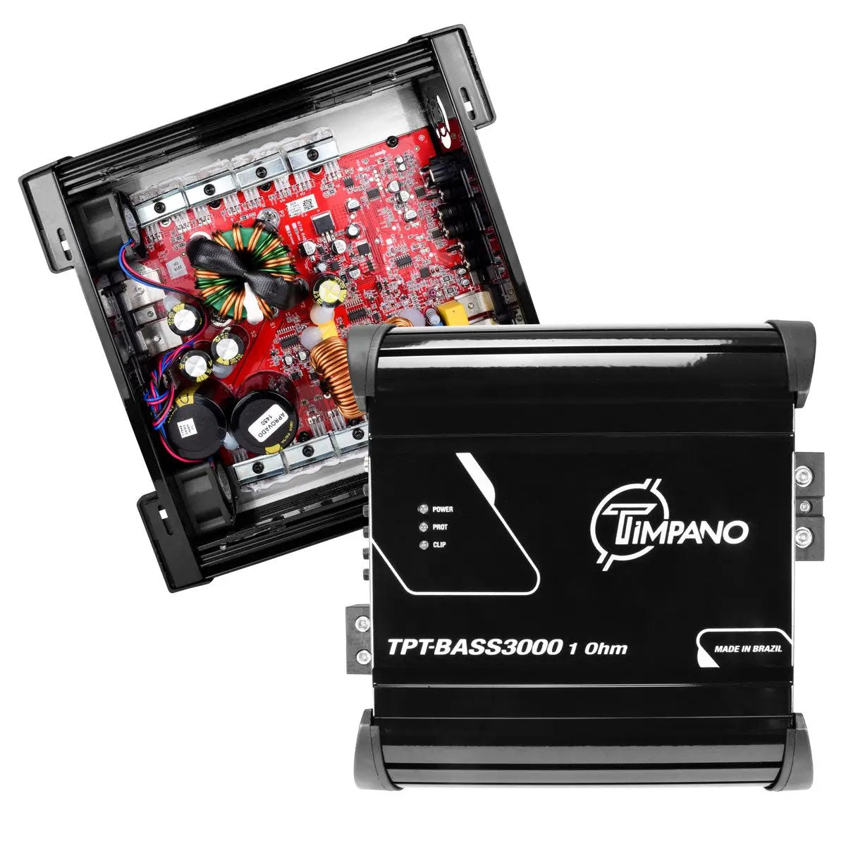 Open Timpano bass amplifier showing its red circuit board beside the removed cover