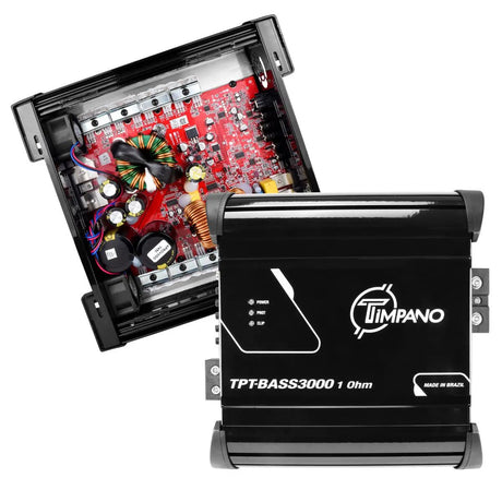 Open Timpano bass amplifier showing its red circuit board beside the removed cover