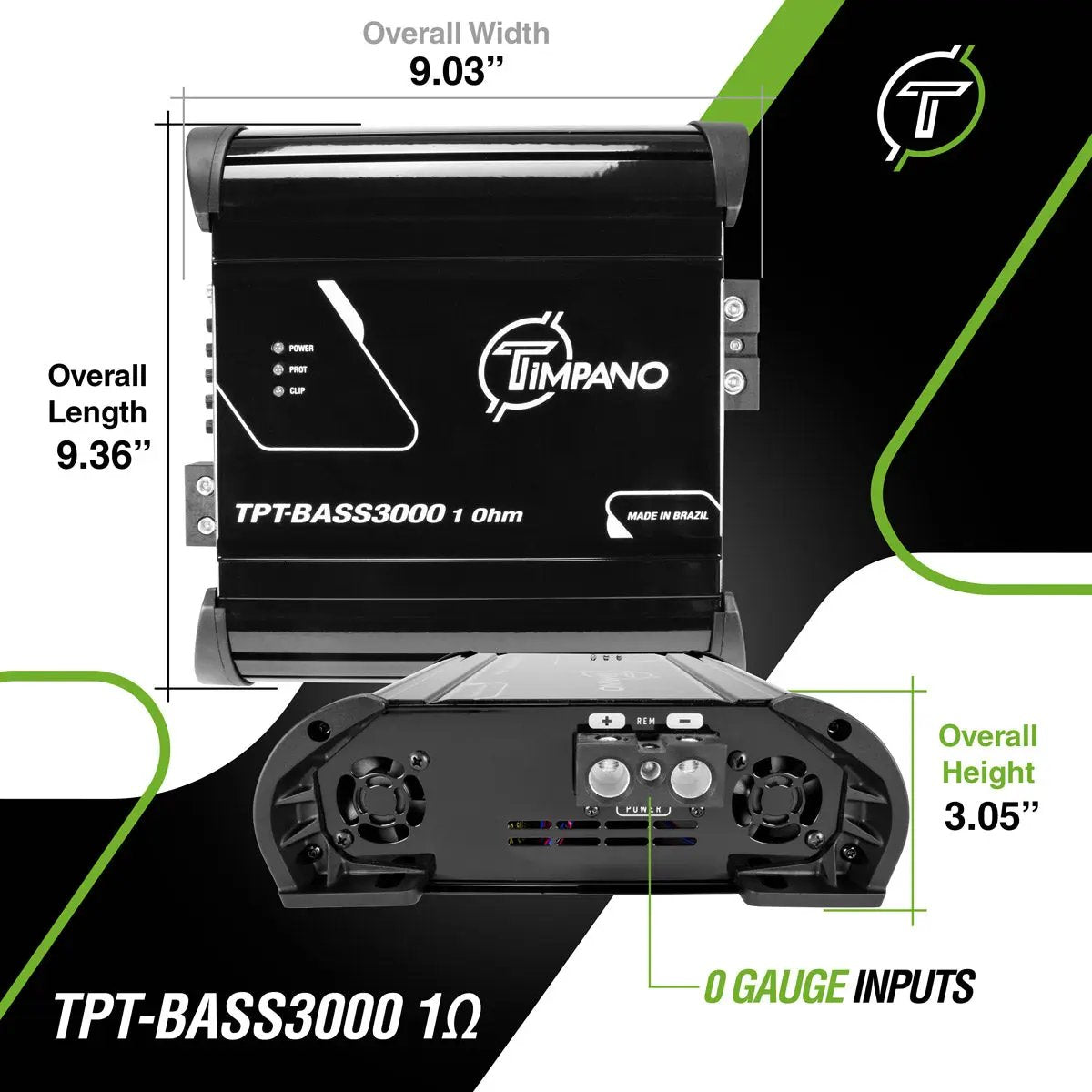 TPT-BASS3000 dimension graphic showing 9.03-inch width, 9.36-inch length, 3.05-inch height and 0-gauge inputs