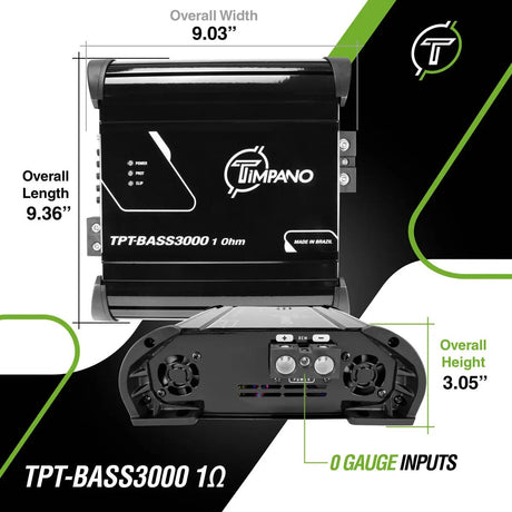 TPT-BASS3000 dimension graphic showing 9.03-inch width, 9.36-inch length, 3.05-inch height and 0-gauge inputs