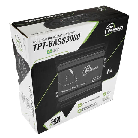 Timpano TPT-BASS3000 retail box showing the amplifier, a 3000-watt badge and subsonic and low-pass filter controls