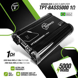 TPT-BASS5000 1-ohm amplifier graphic listing 5200W RMS at 1 ohm and 2900W at 2 ohms, both at 14.4V