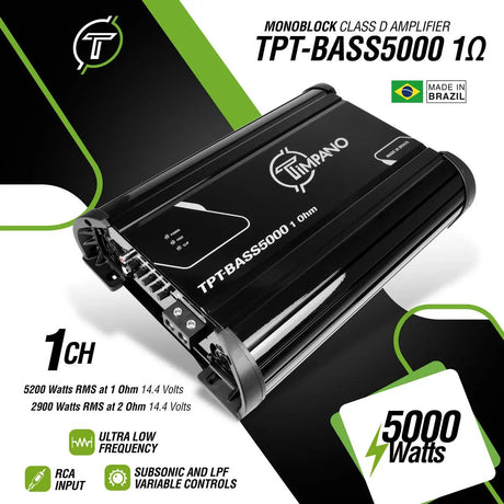 TPT-BASS5000 1-ohm amplifier graphic listing 5200W RMS at 1 ohm and 2900W at 2 ohms, both at 14.4V