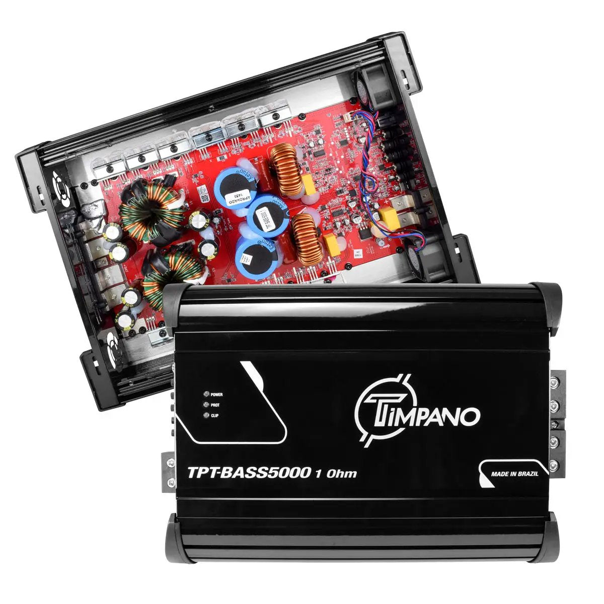 Timpano TPT-BASS5000 1-ohm amplifier shown closed and opened to reveal its red circuit board