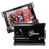 Timpano TPT-BASS5000 1-ohm amplifier shown closed and opened to reveal its red circuit board