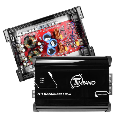 Timpano TPT-BASS5000 1-ohm amplifier shown closed and opened to reveal its red circuit board