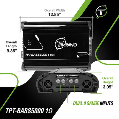 Timpano TPT-BASS5000 amplifier dimensions: 12.85 by 9.36 inches, with a 3.05-inch height and dual 0-gauge power inputs