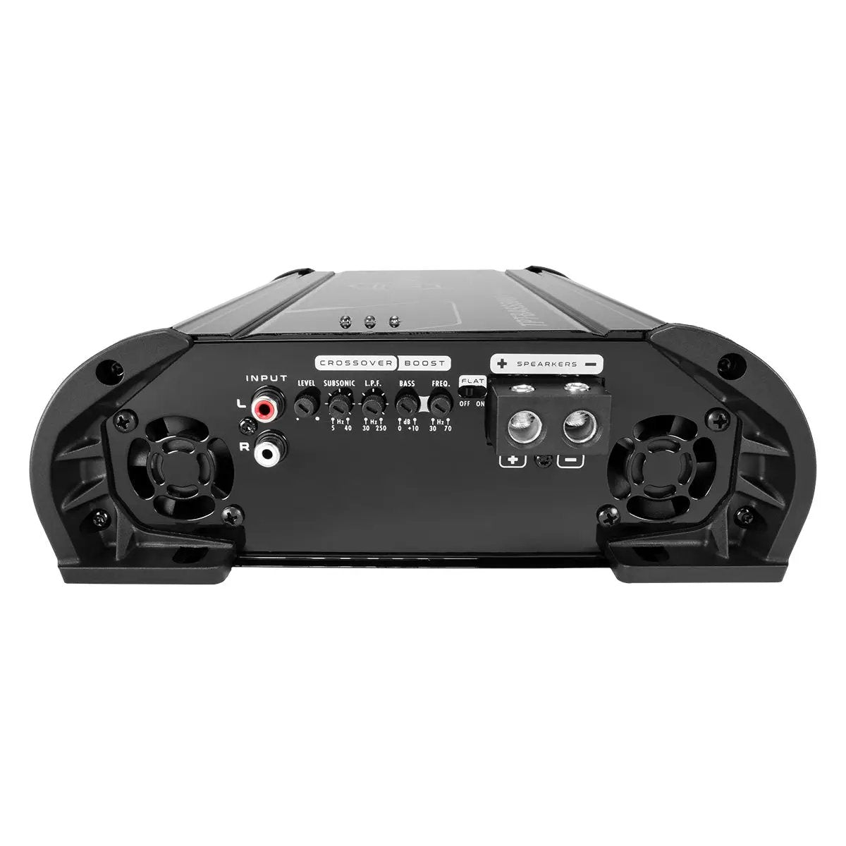 Amplifier end panel with RCA inputs, crossover and boost controls, speaker terminals and two cooling fans