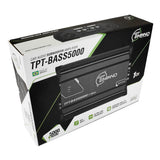 Timpano TPT-BASS5000 retail box showing the amplifier, a 5000-watt badge and subsonic and low-pass filter controls
