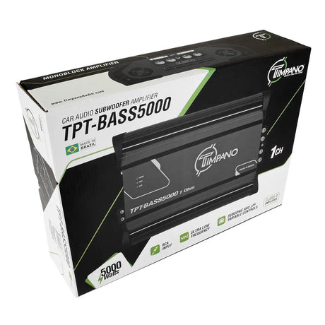 Timpano TPT-BASS5000 retail box showing the amplifier, a 5000-watt badge and subsonic and low-pass filter controls